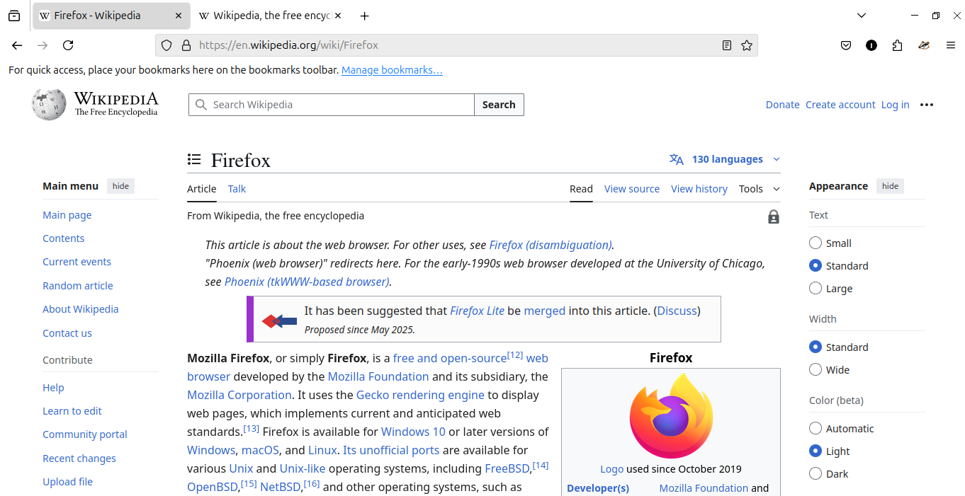 Firefox web browser on a Wikipedia page, representing the browser engine landscape