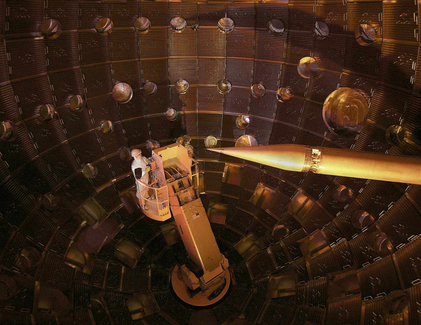 The interior of the National Ignition Facility target chamber at Lawrence Livermore National Laboratory